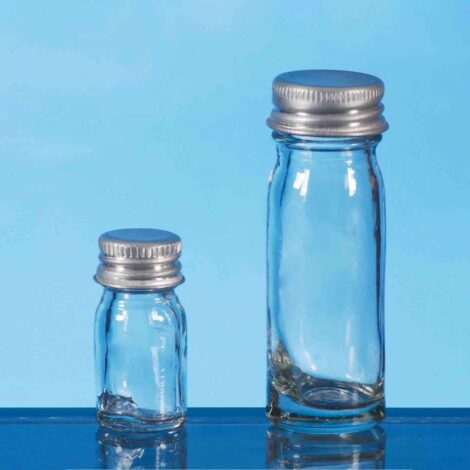 bottle, mc cartney (bijou) universal, wide mouth, clear neutral glass, autoclaveable, with aluminium cap and rubber washer