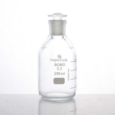 bottle, reagent, heavy duty, graduated with interchangeable flat head glass stopper, narrow mouth, clear