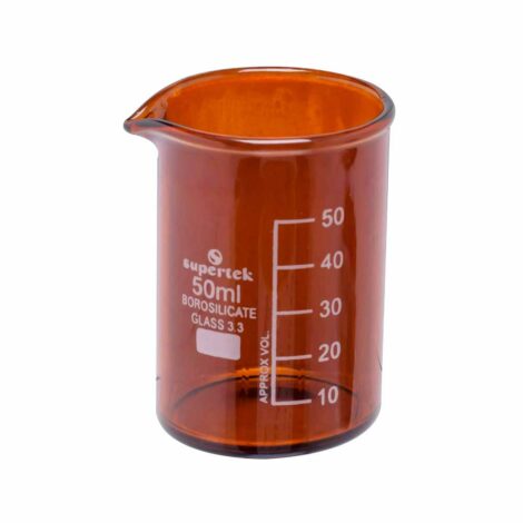 amber colour beaker, low form, with graduation & spout
