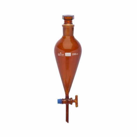 amber colour separating funnels, interchangeable stopper, squib shape, plain stem