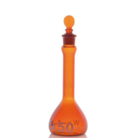 volumetric flask-astm amber, wide mouth heavy duty, with glass stopper, class a with individual works certificate