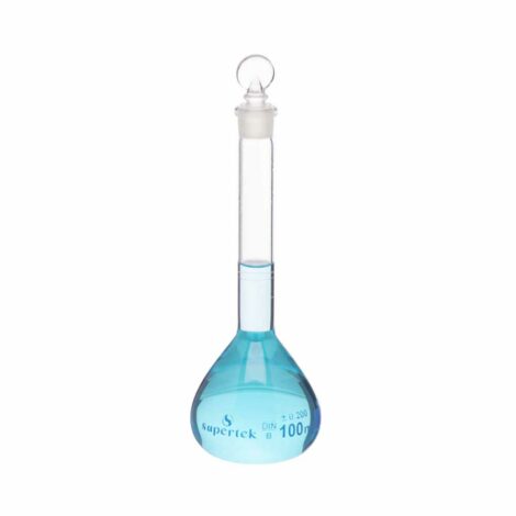 flask volumetric, with interchangeable glass and pp stopper, short neck, class b