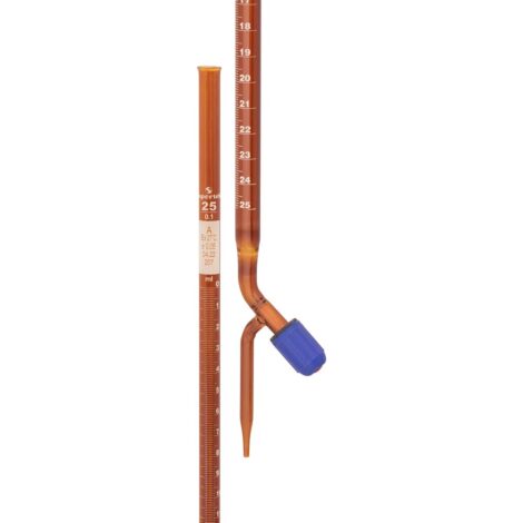 amber color burette, with screw type ptfe needle valve (rotaflow) stopcock, class a with individual works certificate