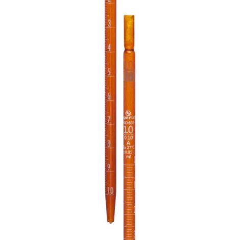 amber color pipette, graduated, mohr type, class a with individual works certificate