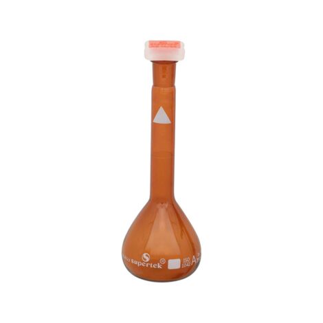 flask volumetric amber, with special white mark, interchangeable glass and super stopper™, class a with individual works certificate