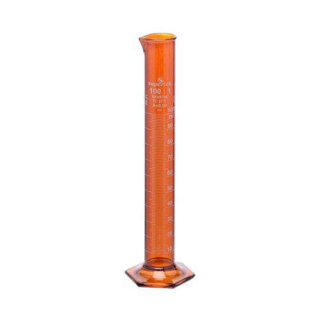 amber colour measuring cylinders, with spout, hexagonal base, class a with individual works certificate